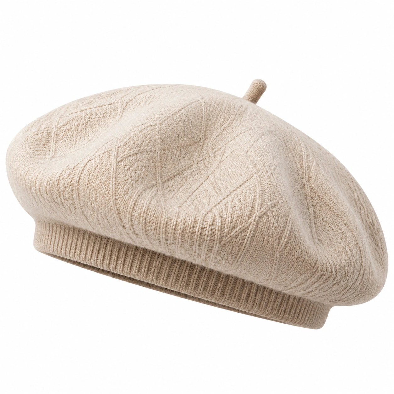 Baskenmütze Einheitsgröße Beige Strickgewebe mit Zopfmuster