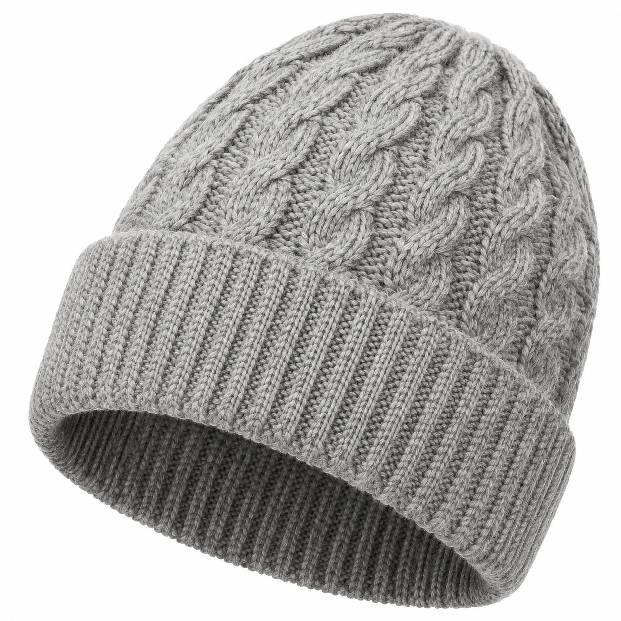 Strickmütze Einheitsgröße Grau mit Zopfmuster und Umschlag