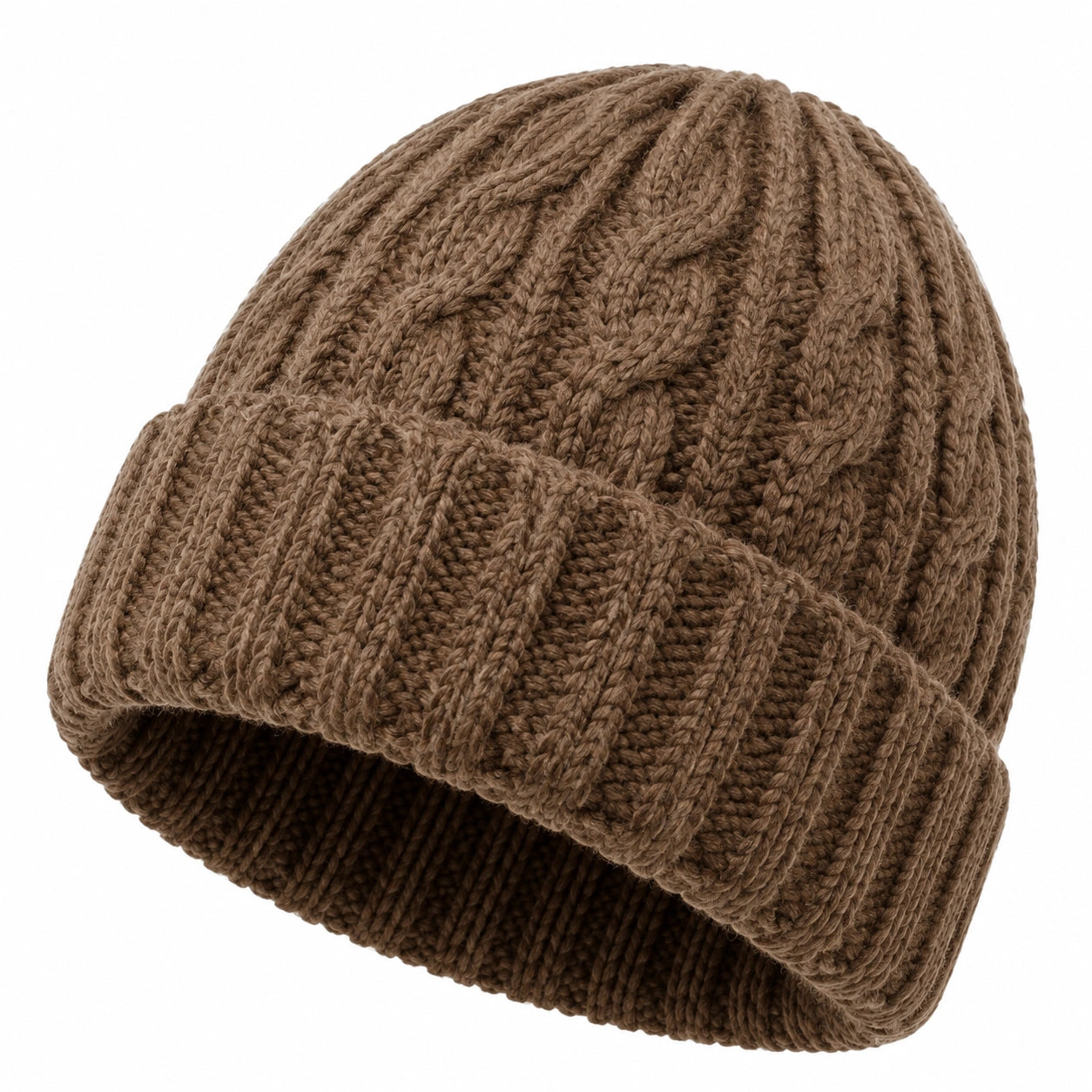 Strickmütze Einheitsgröße Braun mit Umschlag und Zopfmuster