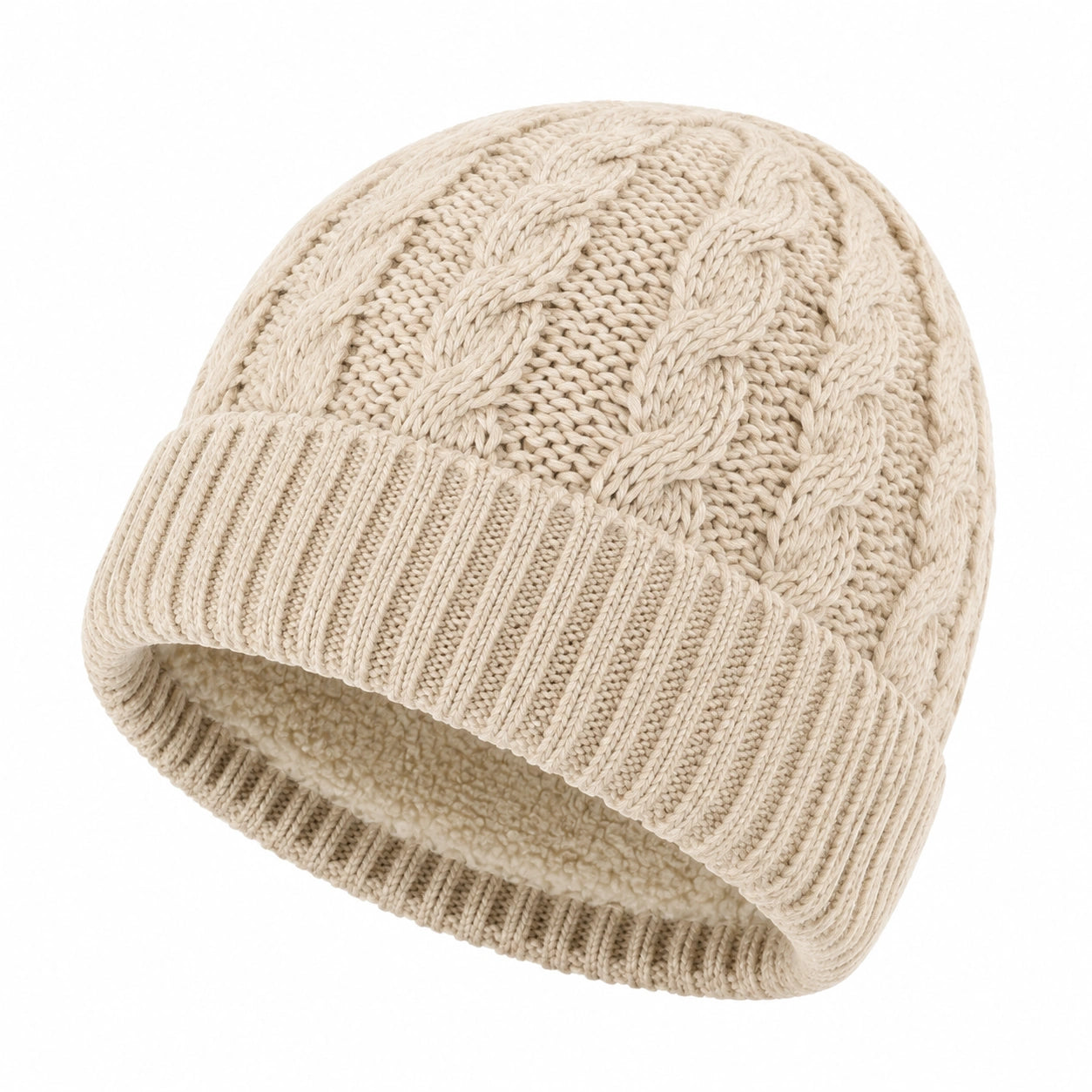 Strickmütze Einheitsgröße Creme mit Fleecefutter und Zopfmuster